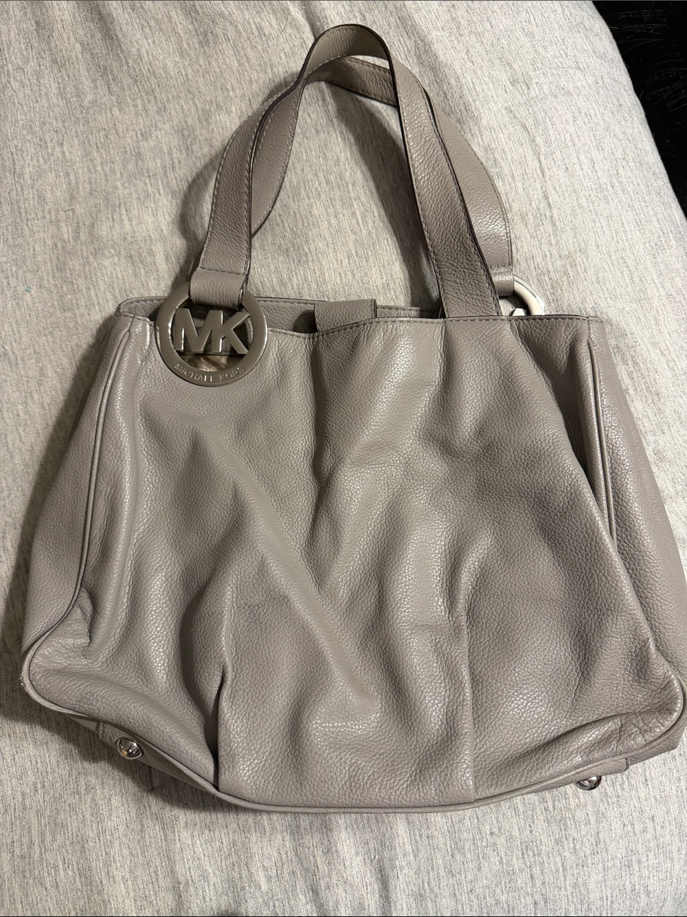 Michael Kors Gray Pebbled Leather Shoulder Bag with MK Pendant